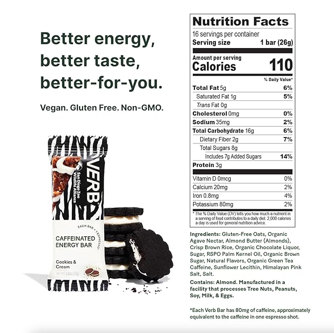 Verb Caffeinated Energy Bars Cookies & Cream (26g, Pack of 16) 110-Calorie Delicious Low Sugar Energy Bar - Vegan Gluten Free On-the Go Snack with 80mg Green Tea Caffeine, Only Real-Food Ingredients
