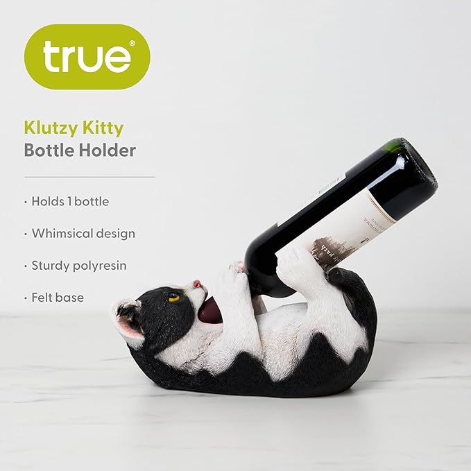 True Klutzy Kitty Cat Countertop Wine Bottle Holder Kitchen Decor Tabletop Wine Rack Animal Stand for Cat Lovers and Pet Owners, Black and White, Set of 1