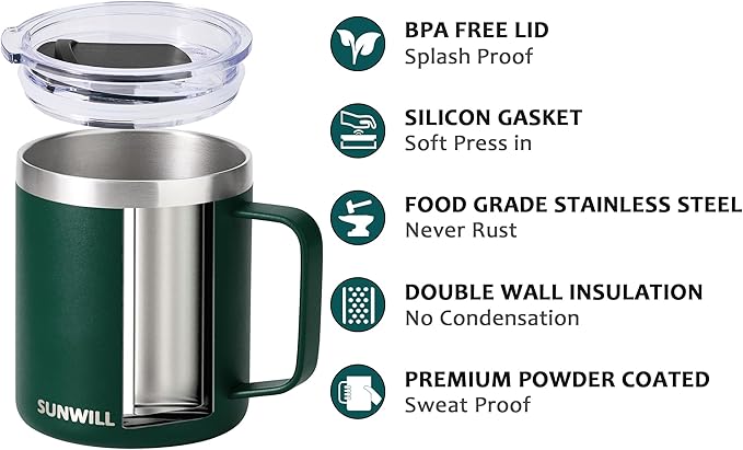 SUNWILL Travel Coffee Mug with Lid, Insulated Cup with Handle, 14 oz Stainless Steel Tumbler for Camping, Office, Outdoor, Powder Coated Forest Green