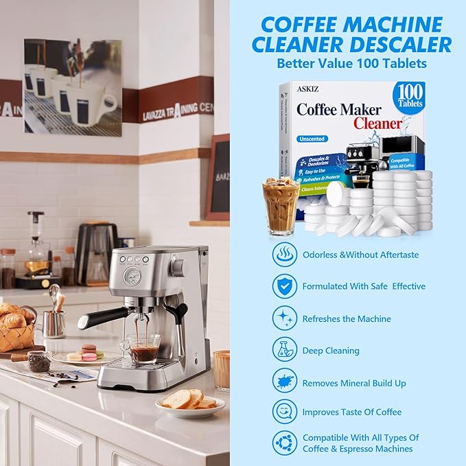 100 Pack Coffee Machine Cleaner Descaler Tablets,Coffee Maker Cleaner for Keurig, Ninja, Breville, Delonghi, Nespresso, Miele,Espresso Machine Cleaning Tabs,Descaling Solution for Coffee Pot Maker