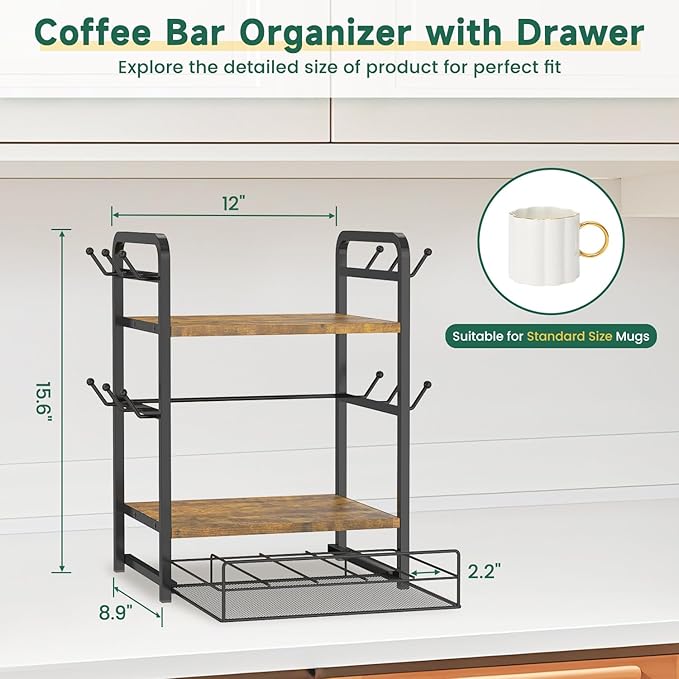 EsLuker.ly Coffee Bar Organizer Station Shelf Mug Holder for Countertop, 3 Tier Coffee Cup Stand Rack with 12 Hooks for Home Office, K Cup Pod Organizer Drawer, Keeps Essentials Tidy & Accessible