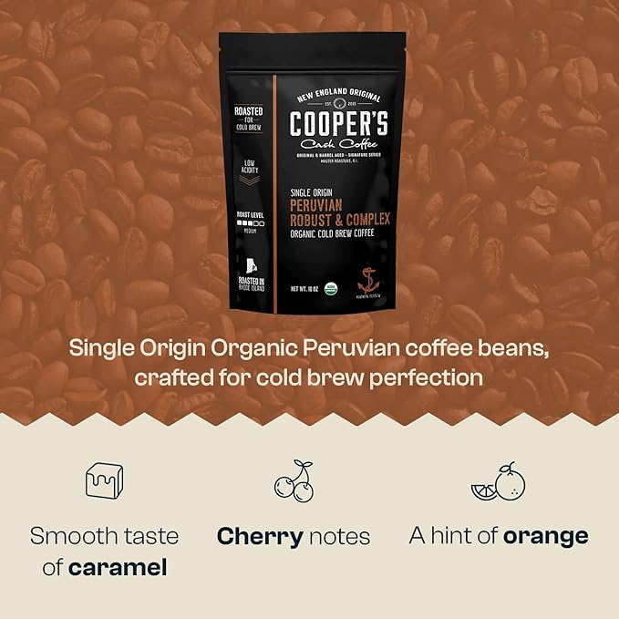 Peruvian Organic Cold Brew Coffee, Single Origin & Gourmet Beans, Tasting Notes Of Caramel With A Touch of Cherry & Orange, Medium Roast Coarse Ground Beans, 1 lb Coffee Bag