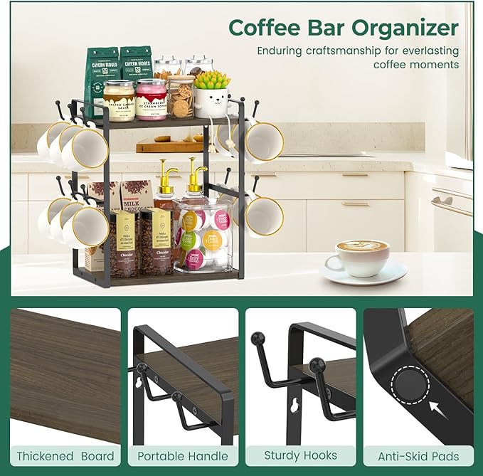EsLuker.ly Coffee Station Bar Organizer Mug Holder Stand Countertop, 2 Tier Mug Cup Tree Rack for Kitchen Office, Storage Shelf with 12 Hooks, Creat Stylish Coffee Corner, Brown-Black