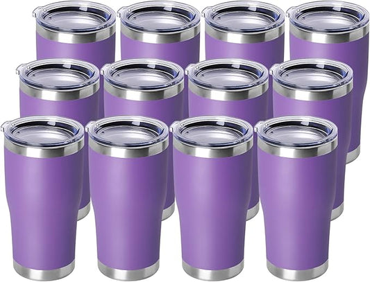 DOMICARE 20oz Tumbler with Lid Stainless Steel Tumblers Bulk, Double Wall Vacuum Insulated Coffee Travel Mug Powder Coated Tumbler, 12 Count (Pack of 1) Purple