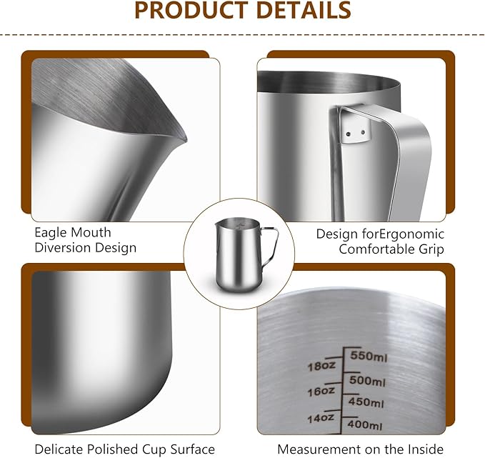 18oz Milk Frothing Pitcher with Latte Art Pen-Stainless Steel Steaming Jug for Espresso, Cappuccino & Coffee-Heat-Resistant, Dripless Spout, Measurement Scale, Dishwasher Safe (550ml/18oz)