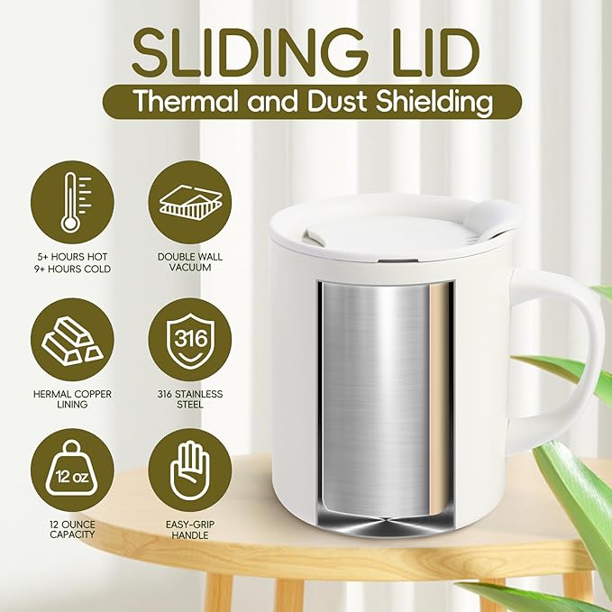 12oz Insulated Camping Coffee Mug with Lid & Handle, Double Wall Stainless Steel Vacuum Travel Coffee Cup, Reusable Tumbler for Home Office Camping - White