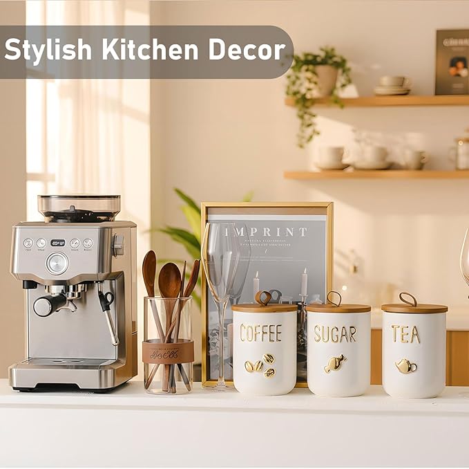 jessie 27oz Ceramics Coffee Canisters with Airtight Seal Bamboo Lid Silicone,Coffee Bean Storage for Kitchen Countertop,Food Storage Jars for Coffee Bean Ground Coffee Sugar and Tea(White)