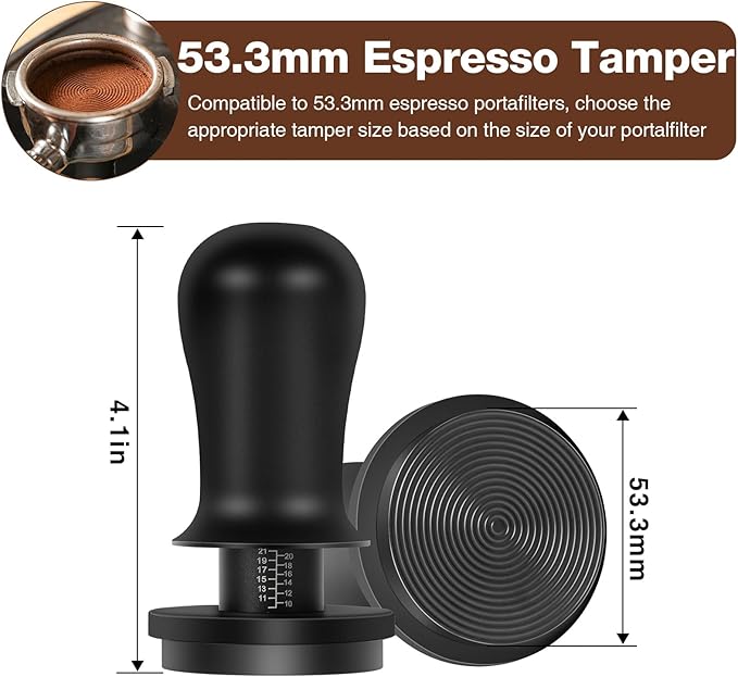 PUSEE 53.3mm Espresso Coffee Tamper with Double Spring Calibrated, Handle Tamper 30lbs Pressure with Titanium Coating Stainless Steel Ripple for Espresso Machine Accessories 53.3mm Tamper, Black