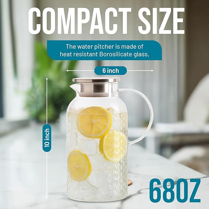 2 Liter 68 oz Glass Pitcher with Lid and Spout, Diamond Glass Carafe for Hot/Cold Water, Large Iced Tea Pitcher for Juice and Homemade Beverage