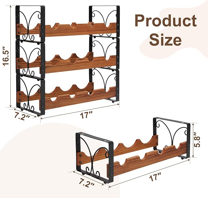 X-cosrack Wine Rack Countertop, 3-Tier 12 Bottles Small Wine Rack Stackable for Inside Cabinet, Solid Wood & Wrought Iron Wine Bottle Holder, Wine Storage Shelf for Kitchen Bar Dining Room