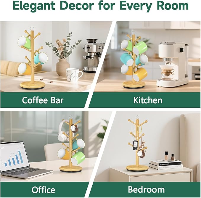 EsLuker.ly Mug Holder Tree Bamboo 360° Rotating Coffee Cup Display Rack with 6 Hooks for Home Kitchen Counter, Upgrade Wood Mug Stand Station Organizer, Building Your Dream Coffee Corner