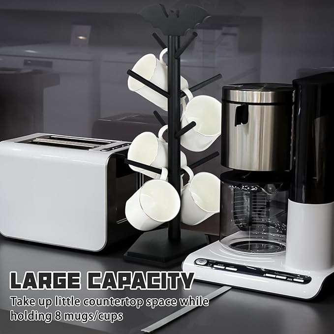 Bat Mug Holder Tree - 8 Hooks Rack for Gothic Home Decor - Wood Mug Tree for Countertop - Cup Holder for Halloween Kitchen Organizer & Coffee Bar Accessories