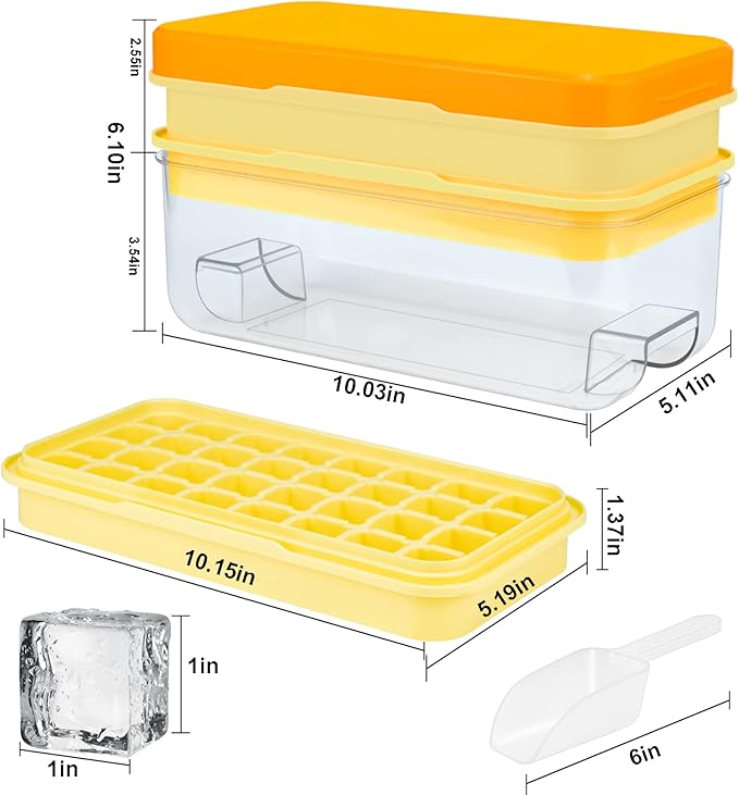 Ice Cube Tray, Press Type Ice Cube Maker, Ice Cube Trays with Lid and Storage, Yellow Ice Cube Moulds, 64 Pcs Ice Cubes, Easy Press to Release Ice, BPA Free, with Cover 2 Trays 1 Ice Bucket & Scoop