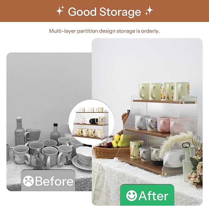 Coffee Mug Holder Wooden Cup Station Organizer 3 Tier Cup Holder for Coffee Bar Mug Display Rack for Countertop Mug Holder Shelf for Home Kitchen Trapezium-Nutbrown