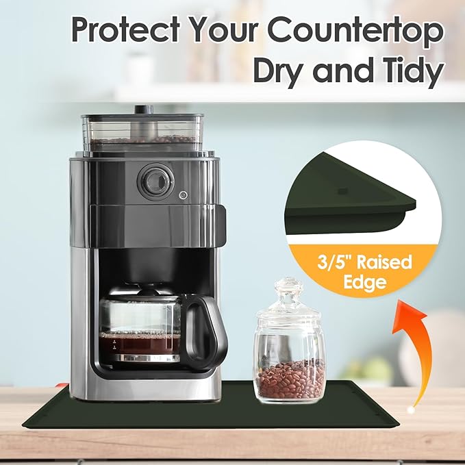 Silicone Coffee Maker Mat with Lip, 19.7'' x 15'' Heavy Duty Coffee Maker Mat for Countertops, Coffee Tray Fit Under Coffee Machine Appliance Automatic Machines Espresso Accessory, Dark Olive Green