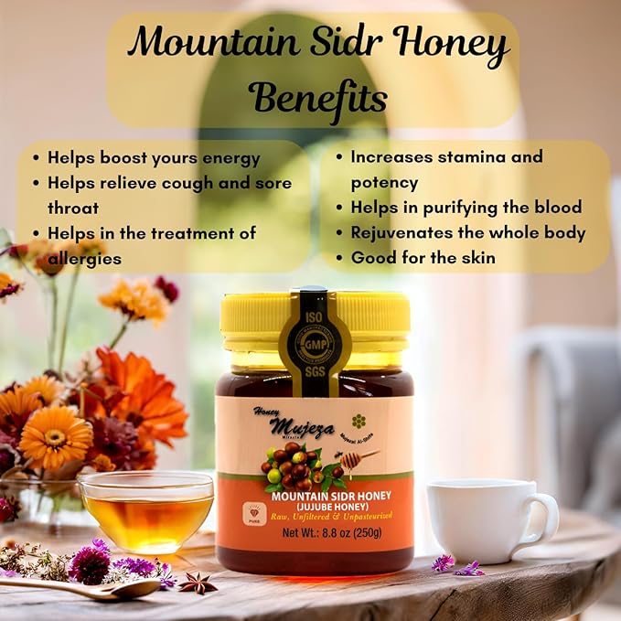 Authentic Mountain Sidr Honey - Jujube, Equal to Manuka Effectiveness Gluten Free 100% Natural Raw Liquid Honey (250g / 8.8oz)