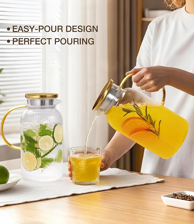 2 PACK Glass Pitcher with Lid 64 oz, Classic Vertical Stripes Pitcher with Lid and Handle, Water Jug for Hot/Cold Drinks, Borosilicate Glass Carafe for Coffee, Iced Sun Tea, Juice, Sangria