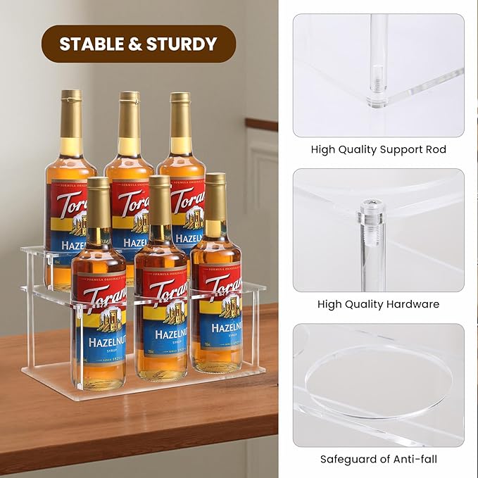 IEEK Coffee Syrup Rack,2 Tier Clear Acrylic Coffee Syrup Organizer with anti slip padfor Coffee Bar,Kitchen.Small Wine Rack for Bar,Family,Storage for Syrup,Wine,Dressing,6 Bottle Capacity