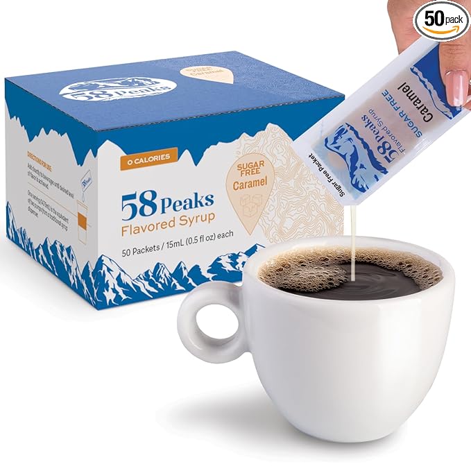 58Peaks Sugar-Free Caramel Syrup Sweetener Packets for Hot and Cold Drinks | To-Go Syrup Flavoring Perfect for Coffee, Tea, Milkshakes and More | Flavored Coffee Syrups for Travel | 15mL | 50-Pack