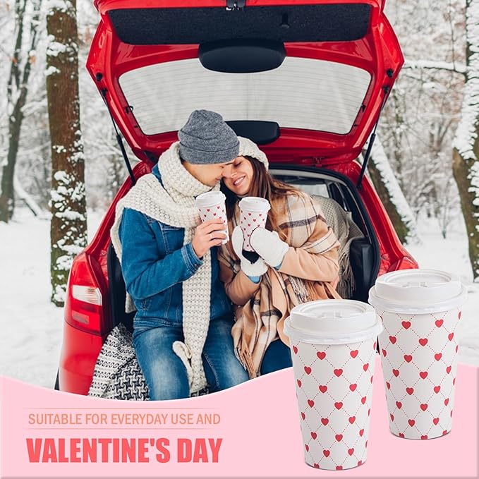 FOBSME 50 Pcs Valentine Disposable Coffee Cups With Lids 16oz Red White Love Heart Paper Cups Valentine Party Drinking Cups for Wedding Anniversary Party Supplies