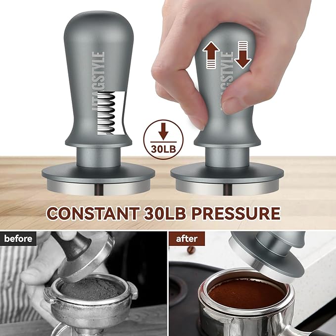 58.5mm Espresso Tamper Spring-loaded Coffee Tamper Espresso Hand Tamper with Stainless Steel Flat Base & Aluminum Handle Barista Ergonomic Tamper Espresso Accessories for 58mm Portafilter Basket