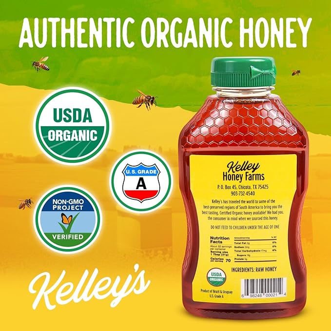 Kelley's 100% Organic Raw & Unfiltered Honey, USDA Certified, 24 Oz – All Natural, Flavor-Rich Honey for Fruits, Yogurt, Smoothies, Acai Bowls, Tea – Natural Sugar Substitute