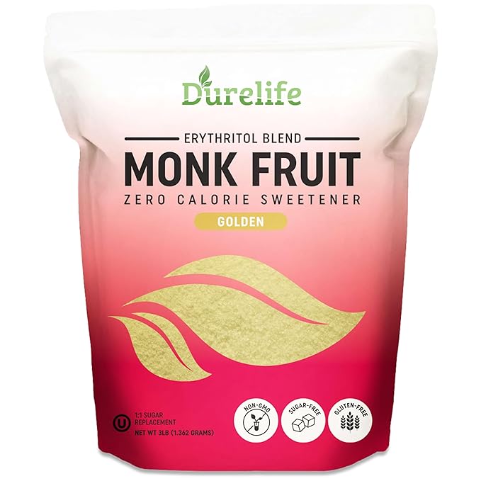 Durelife Golden Monk Fruit Sweetener, 1:1 Sugar Replacement, Keto Diet Friendly, Zero Calorie, Kosher Sugar Substitute, Golden - 3 lb (Packaging May Vary)