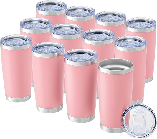 OMTech 20oz Tumblers Bulk, 12pc Stainless Steel Tumbler Set with Lid & Straw, Double Wall Vacuum Insulated Mug for Laser Engraver, Travel Coffee Mug for Hot & Cold Drinks, Pink Powder Coated Cup