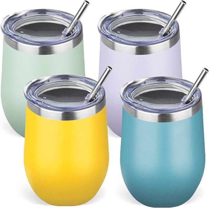 12oz/4 Pack Stainless Steel Wine Tumbler with Lid and Straw, Double Wall Vacuum Insulated Wine Tumbler Glasses, Stemless Travel Mugs for Hot and Cold Drinks, Coffee, Wine, Cocktails
