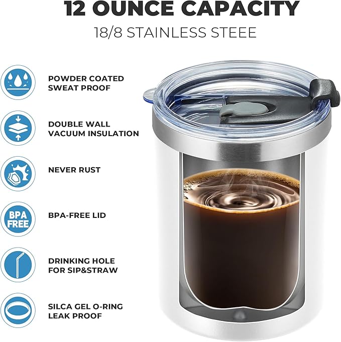MEWAY 12oz/8Pack Coffee Mug With Lid, Insulated Stainless Steel Reusable Coffee Cup, Double Wall Durable Coffee Mug, Powder Coate，For Coffee, Beer, Home, Office(White,8 Pack)