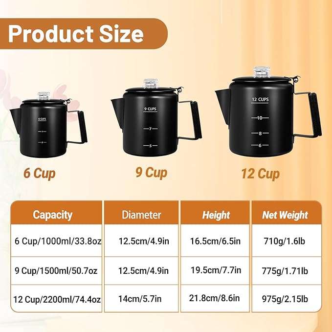 No Coating 9 Cup Percolator Coffee Pot 304 Stainless Steel Moka Pot Stovetop Espresso Maker Italian Greca Cuban Machine 1500ml 50.7oz Suitable for Gas Induction Stovetop Camping Kettle