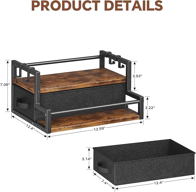 Coffee Syrup Organizer Rack, 2-Tier Coffee Bar Accessories, Bottle Holder Stand with K Cup Storage Drawer for Coffee bar, Wine Rack, Storage Shelves for Syrup. (Rustic Brown)