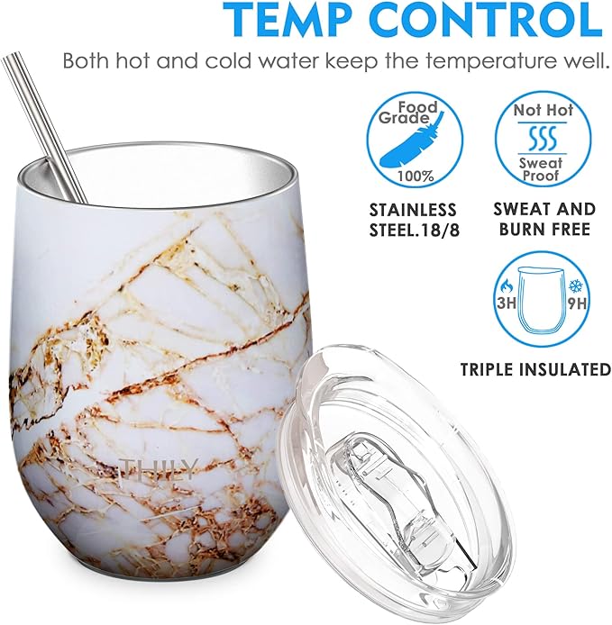 THILY Stainless Steel Insulated Wine Tumblers 12 oz Cute Travel Stemless Glasses with Sliding Lids and Metal Straws, Keep Hot or Cold for Wine, Coffee, Juice, 2 Pack(Gold Marble + Blue Marble)