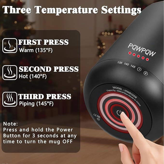 Smart Temperature Control Heated Coffee Mug - 12 oz Rechargeable Auto Heat Keeping Cup, 3-Level Settings/Dry-Boil Protection, Portable for Office Home Gift (Black)