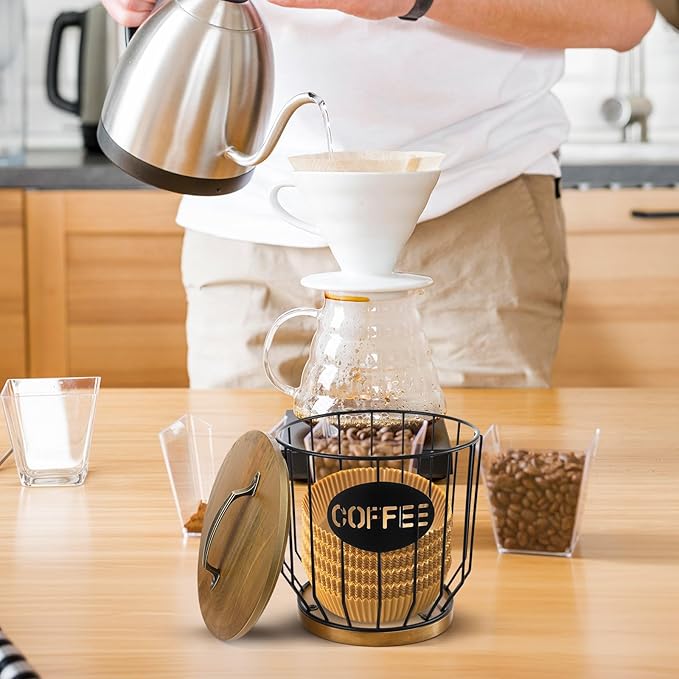 Coffee Filter Holder with Lid, Vintage Metal Coffee Bar Accessories, Coffees Filter Holders for Counter Storage Basket (Black)