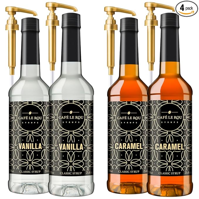 NEW Vanilla & Caramel Coffee Syrup, 2 Bottles each (25.4oz)*Includes 4 Coffee Syrup Dispensers*Flavoring Syrups for Coffee, Tea and Espresso