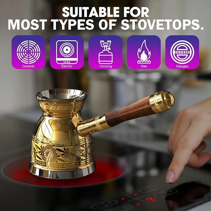 NIKPAR Luxury Greek Coffee Pot Macedonian Collection - Turkish Coffee Pot for Most Type of Stove Top, Arabic Coffee Maker Cezve, Ibrik, Briki with Detachable Handle & Luxury Gift Box (Trio Pack)