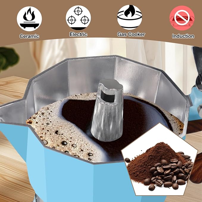 Aluminum 6 Cup 300ml Moka Pot Express Coffee Maker Stovetop Espresso Colorful Coffeemaker Italian Classic Style Brewing Greca Cafe Mocha Machine for Cafeteras Lover Camping Travel and Home Use 10oz