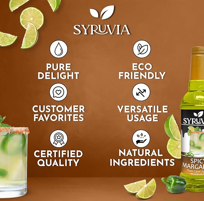 Syruvia Spicy Margarita Syrup, Flavored Syrup for Cocktails, Drinks, Lemonades, Iced Teas, and Desserts – 25.4 fl oz, With Pump