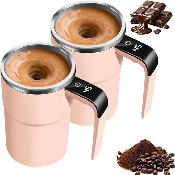 Electric Coffee Mug With a Built-In Lcd Thermometer, 380ML/13OZ Prevent Overflow Self-Stirring Magnetic Coffee Cup, Perfect for Brewing Coffee, Milk, Cocoa, Etc. (Pink *2)