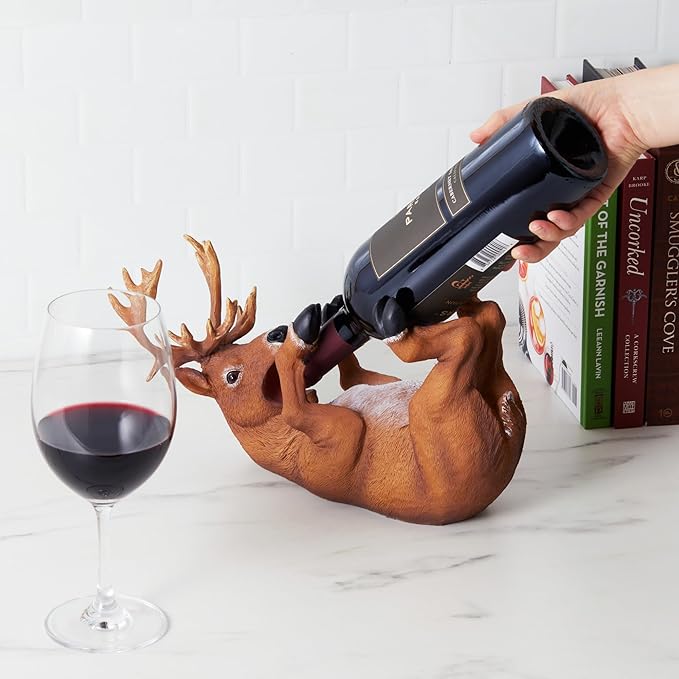 TRUE Buzzed Buck Bottle Holder for Kitchen Decor or Bar Carts, Bottle Rack for Wine Decor Bottle Storage, Detailed Polyresin Novelty Animal Wine Display
