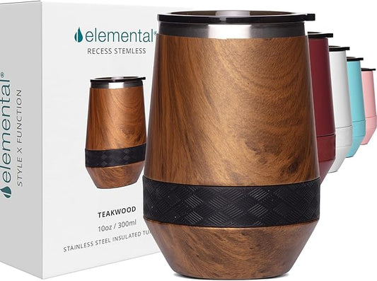 Elemental Recess Wine Tumbler - Triple Wall Insulated Stainless Steel Coffee Mug for Hot & Cold Drinks - Portable Cup with Shatterproof Sip Lid for Camping, Outdoor & Travel - 10oz - Teak Wood