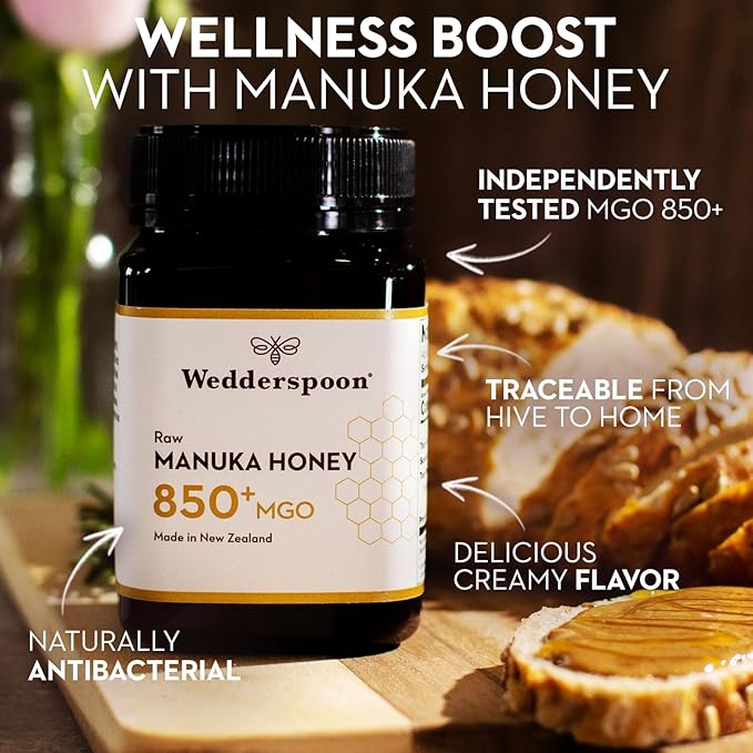 Wedderspoon Raw Premium Manuka Honey, 850+ MGO, 17.6 Oz, Unpasteurized New Zealand Honey, From Our Hives to Your Home