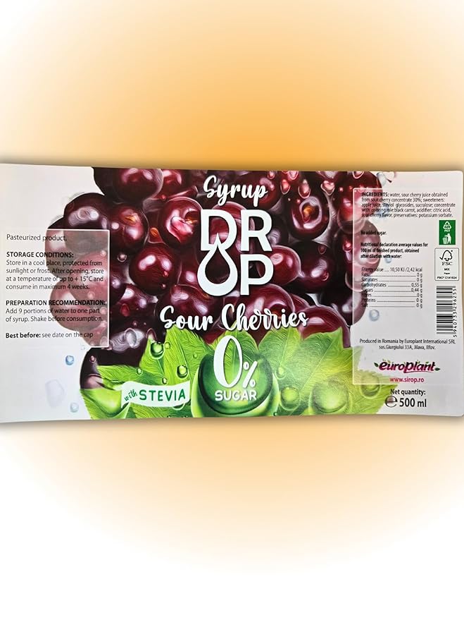 Drop Sour Cherry Sugar-Free Syrup,Natural Stevia,100% Pure Extract,Natural Sweet,16.9floz,Premium Flavoring,30% Concentrate,Zero Calories,Non-GMO Diabetic & Keto-Friendly,Ideal for Drinks & desserts