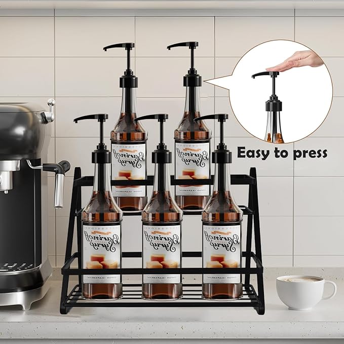 2-Tier Coffee Syrup Rack Organizer 6 Bottle Capacity,Sturdy Metal Storage Shelf for Coffee Bar,Multi-Use Kitchen Wine Rack for Syrups, Dressings, Condiments