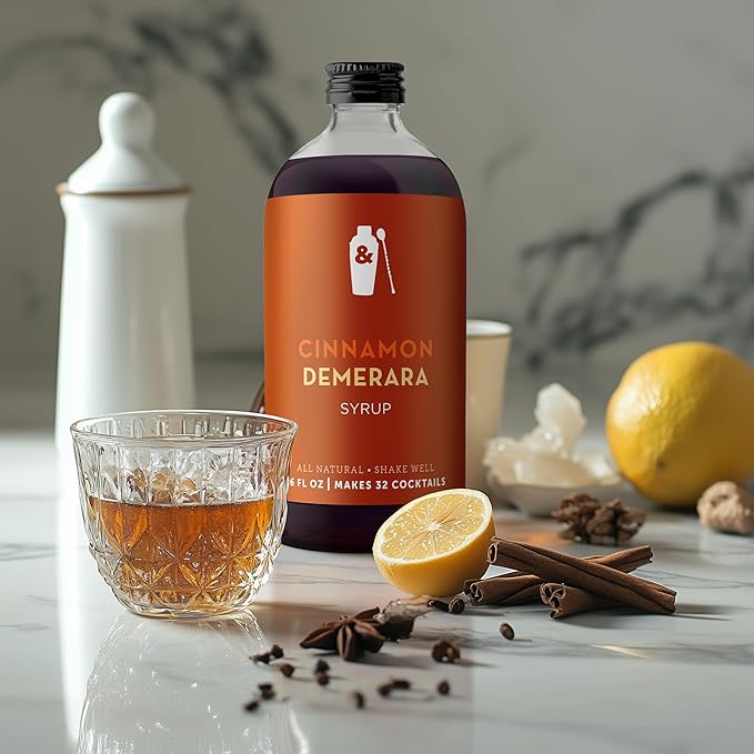 Shaker & Spoon Cinnamon Demerara Syrup, 16oz Craft Cocktail Syrup, Mocktails, Non Alcoholic Drinks, Cocktail Mixers, Flavored Syrups for Drinks