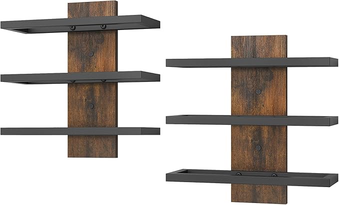 Hoctieon 3-Tier Wall Mount Wine Rack Set (6 Bottles), Wall Mounted Wine Bottle Racks for Display and Storage, Hanging Bottle Holder, for Living Room, Dining Room, Bar, Wine Cellar, Rustic Brown