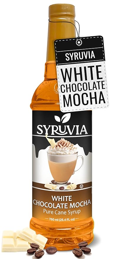 Syruvia Coffee Syrup, White Chocolate Mocha Flavored Syrup for Drinks, Lattes, and Desserts – 25.4 fl oz,