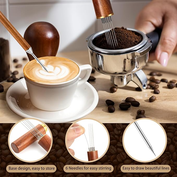 Espresso Coffee Stirrer 6 Needles, Espresso Distribution Tool with Natural Wood Handle and Base, Stainless Steel Latte Art Pen Barista Tools Espresso Accessories Kit for Home Cafe