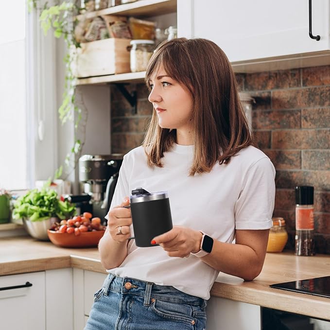 Volhoply 12oz Insulated Leakproof Coffee Mug with Flip & Straw Lid,Double Wall Vacuum Stainless Steel Travel Cafe Tumbler Cup with Handle,Reusable Camping Mugs Keep Cold/Hot(Black,1 Set)